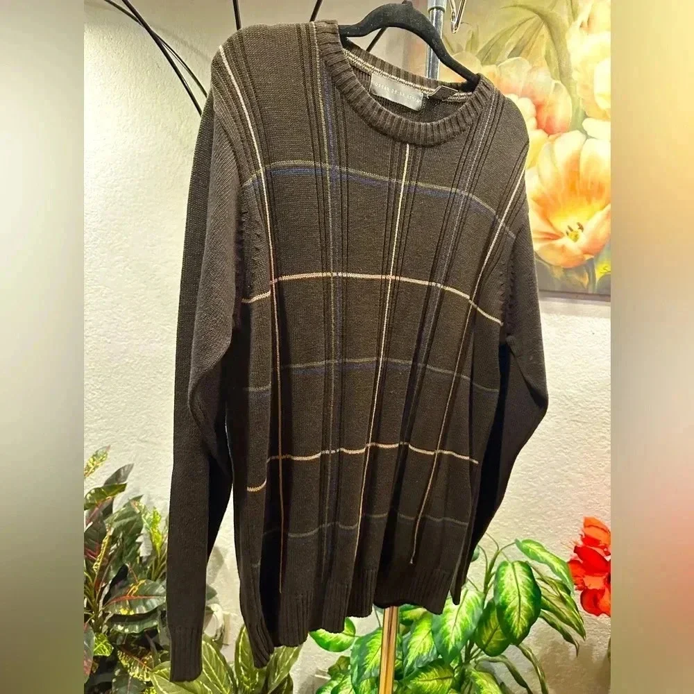 Oscar De La Renta Mens Brown/gray Check Long Sleeve Knit Pullover Sweater Size L